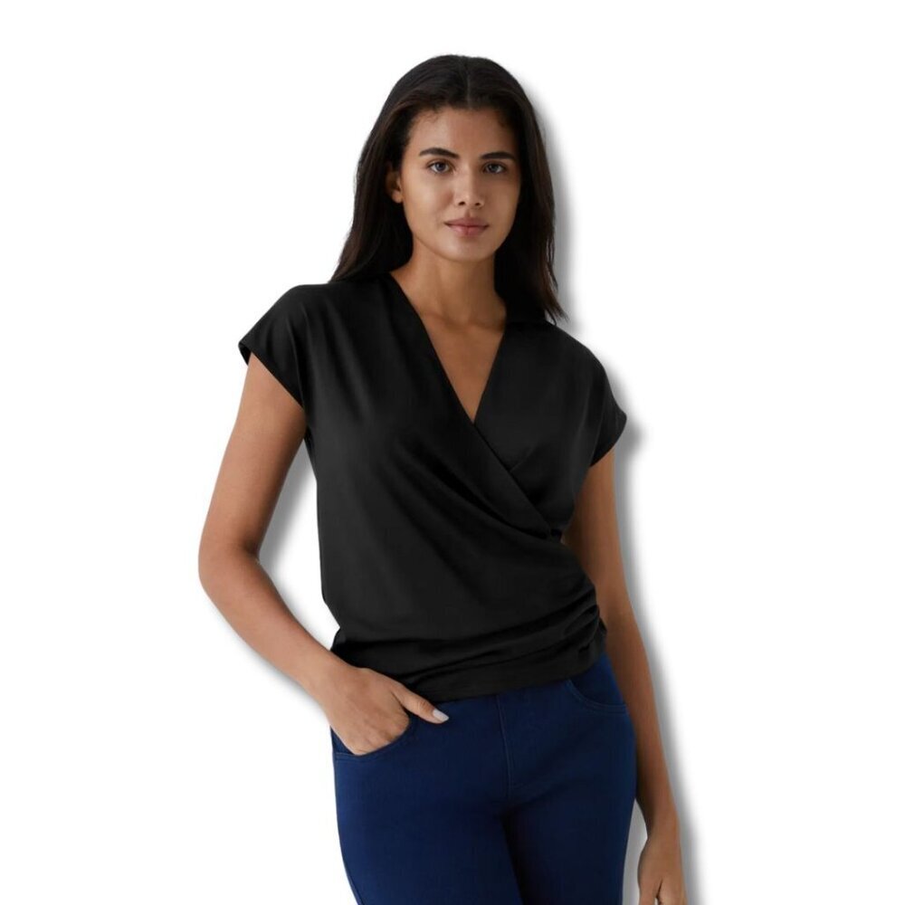 Halara V Neck Cap Sleeve Crossover Ruched Solid Work Blouse Black L Stretchy